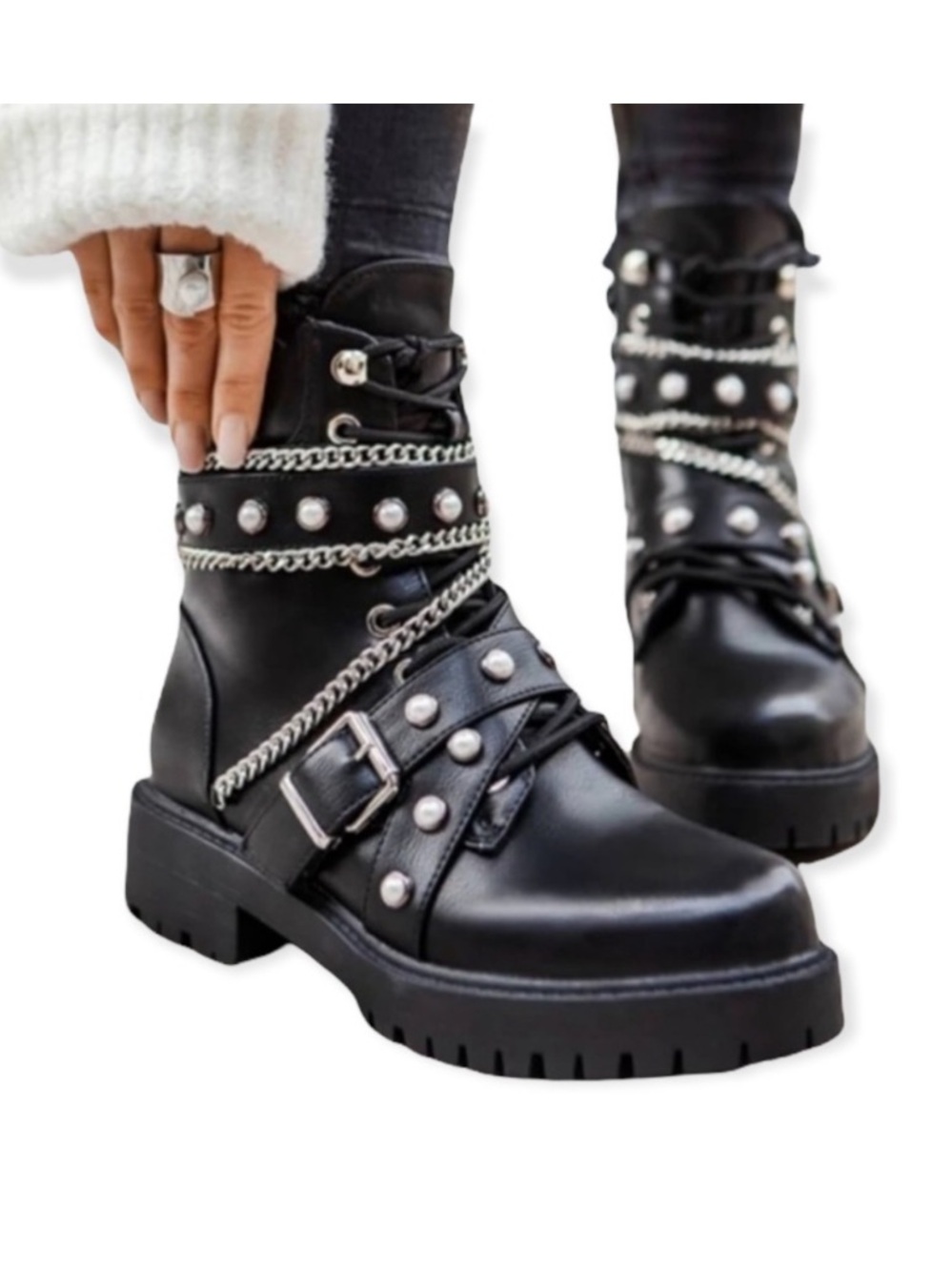NEW Zara Leather Pearl/Chain Combat Boots 38